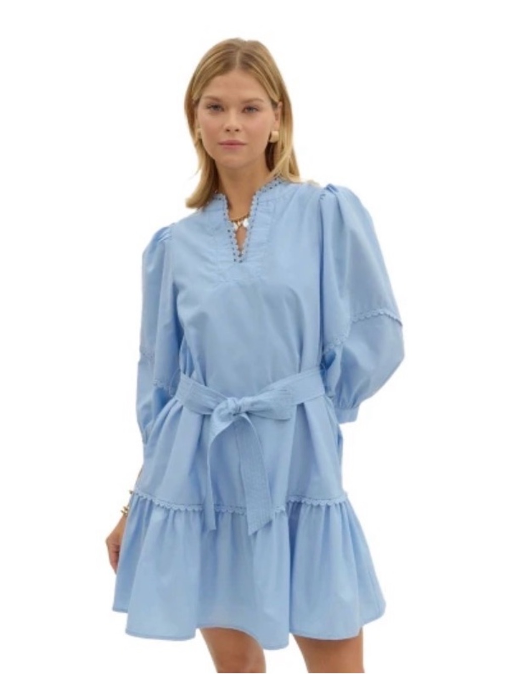 entro Sky Blue Puff-Sleeve Tiered Mini Dress with Waist Tie